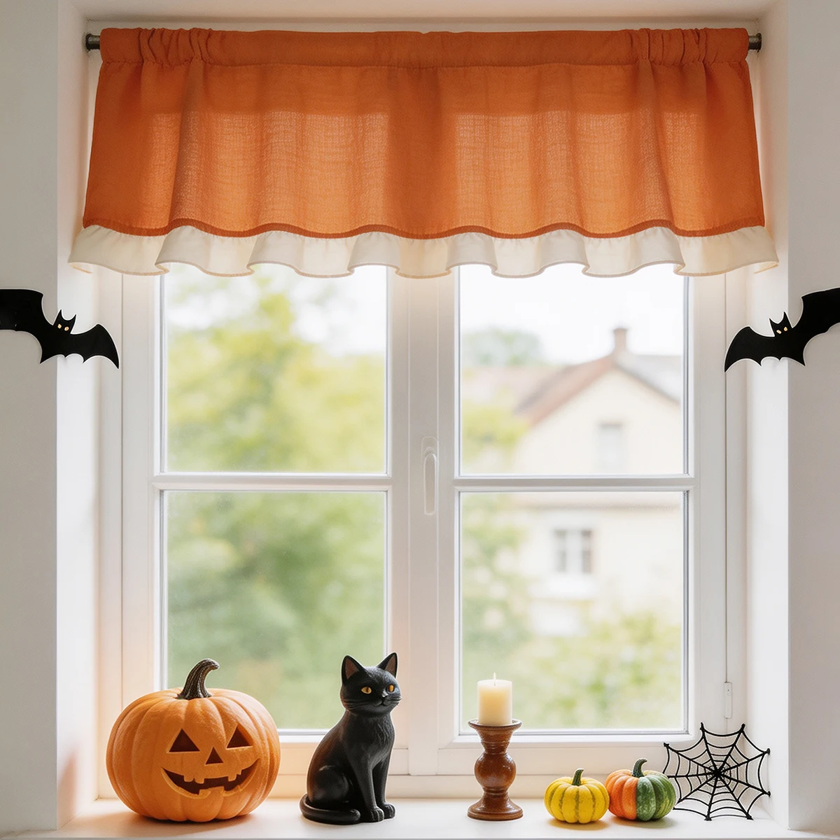1/2PCS Halloween Orange Ruffled Short Curtain Holiday Versatile, Cafe Bedroom Bay Window Kitchen Living Room Decoration