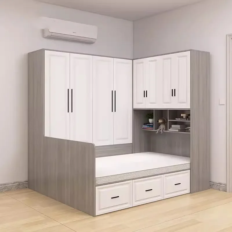 Tatami bed wardrobe integrated small apartment children's bedroom multi-functional space-saving solid wood with side cabinet