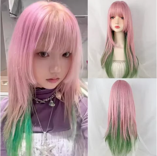 Pink Ombre Green Synthetic Long Straight Layered Fluffy Women Heat Resistant Wig for Daily Party Lolita Cosplay