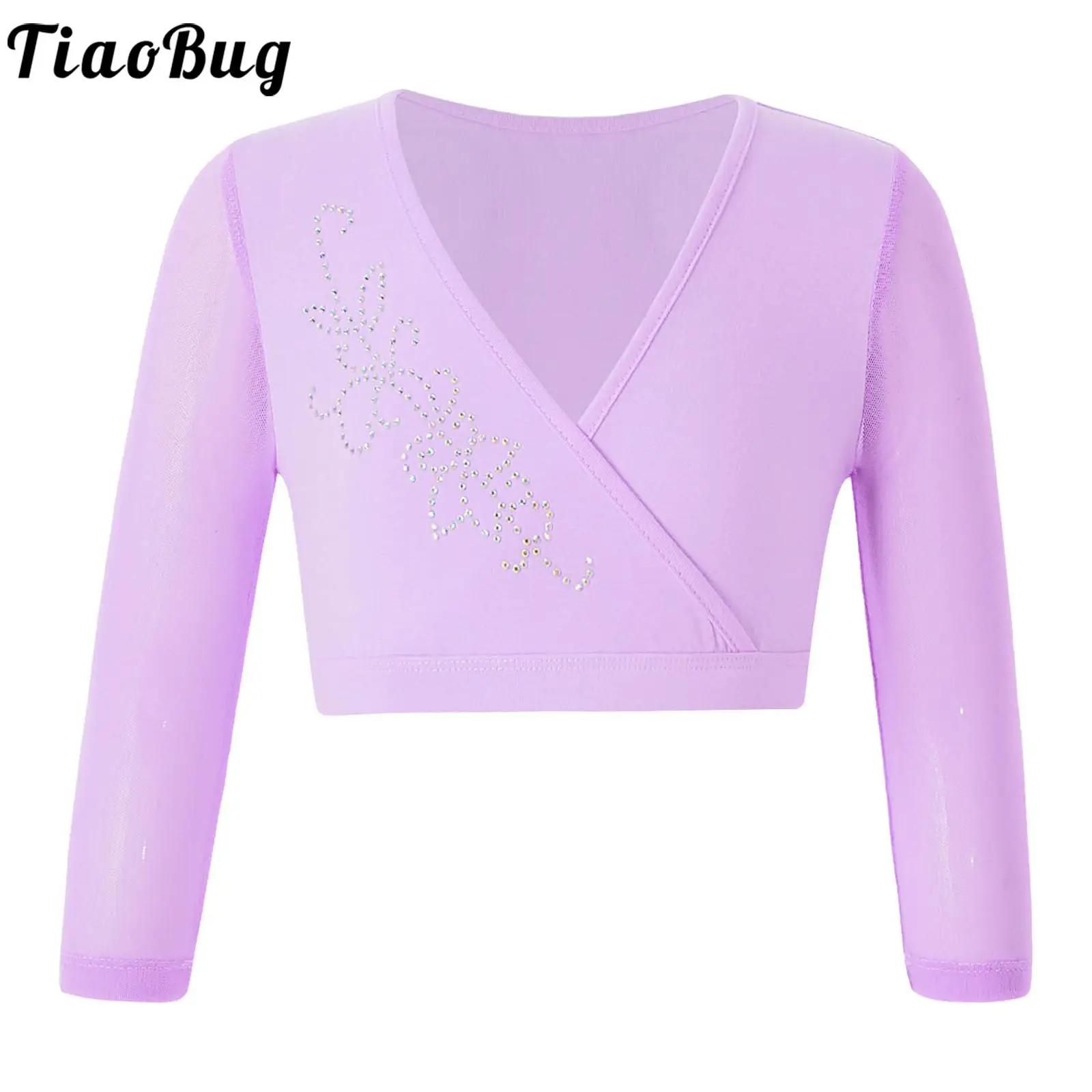 Kid Girls Ballet Dance Gymnastics Crop Top Ballerina Workout Dancing Class Performance Costume Long Sleeve Shiny Rhinestone Tops