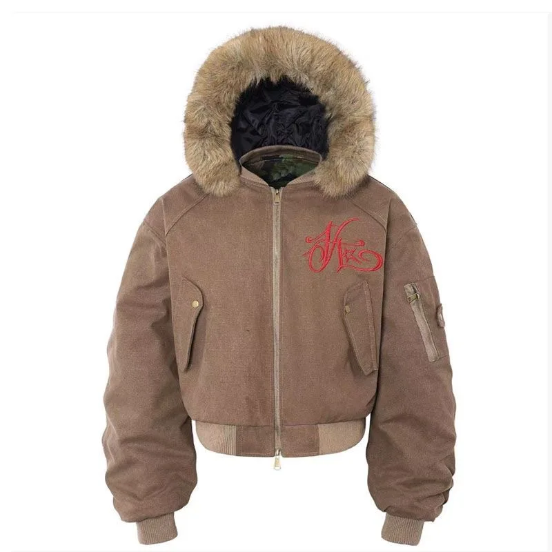 Women Loose Fit Fur Hood Cotton Coat Embroidered Zip Up Warm Streetwear Winter Casual Outer Jacket