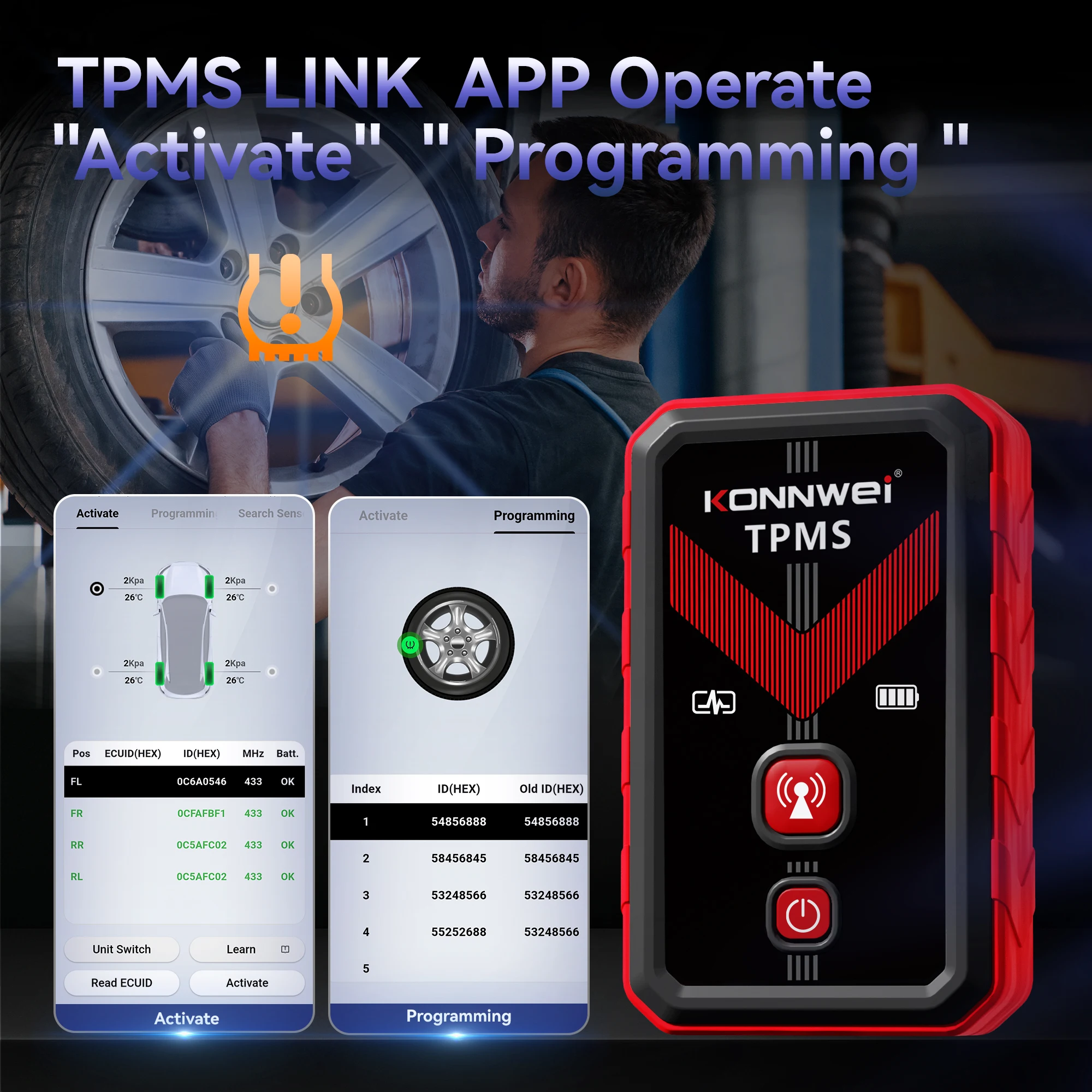 2026 KONNWEI TK100 Car Programable TPMS Sensors OBD Relearn Tool 433MHz315MHz Programing CELL PHONE Tire Pressure Monitor System view 2