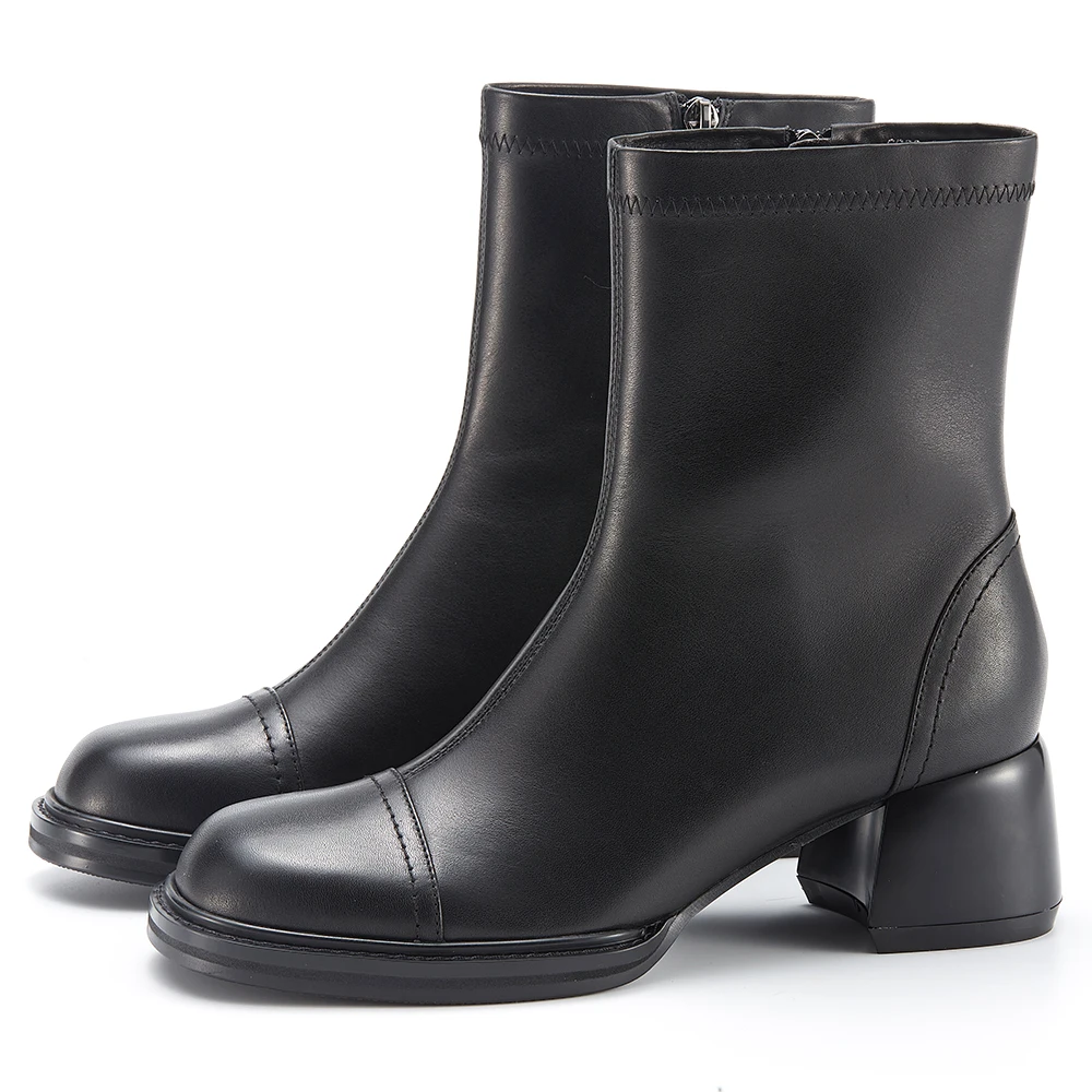 Hand gefertigte Kalbsleder Damen Chelsea Chunky Mid-Heel Stiefel Mode Plattform Slip auf Seite Reiß verschluss Knöchel & Bootie