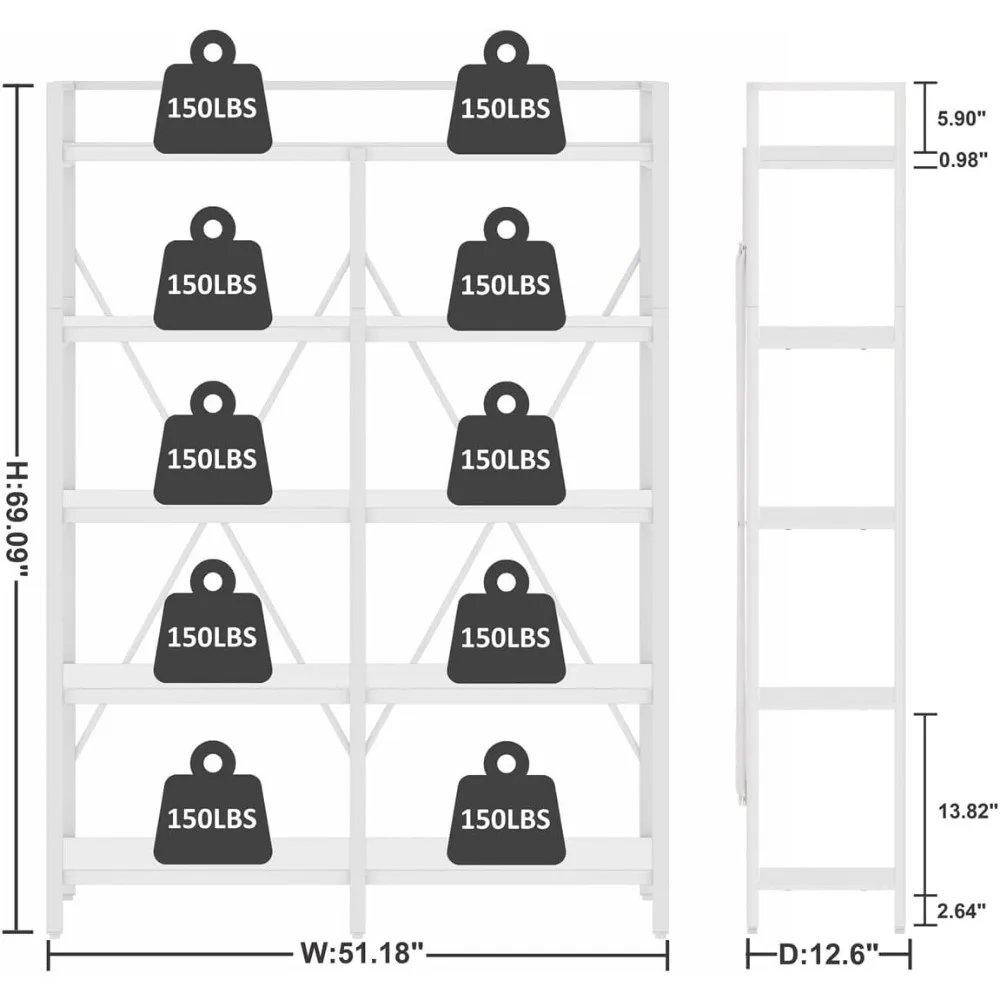 Tall Bookshelves and Bookcases, 5 Tier Wood Metal Bookshelf, 51in Wide Bookcase Modern Shelving Unite for Home Office