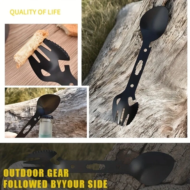 

Stainless steel outdoor multifunctional fork spoon tableware spoon camping cookware bottle opener wrench fish fork