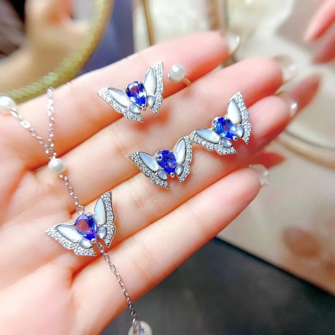 Natural 5*7 Tanzanite Set Jewelry Butterfly Ring Set 4 Ladies S925 Sterling Silver High Fashion Wedding Jewelry