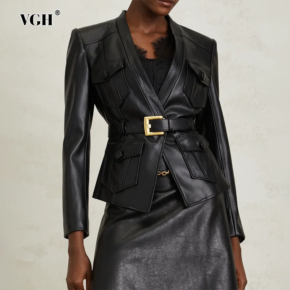 

VGH Solid Temperament Slimming Leather Jackets For Women V Neck Long Sleeve Spliced Belt Casual Party Jacket Female Fashion New