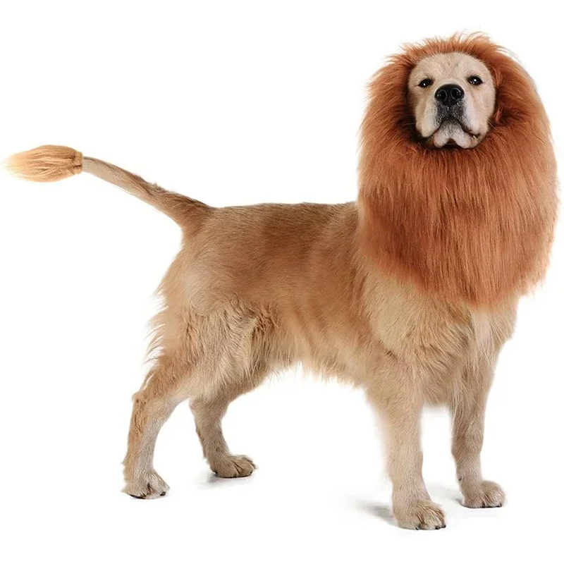 Dogs Emulation Lion Hair Mane with Tail for Medium To Large Sized Dogs Max 80cm Head Circumference Pet Cosplay Cap Scarf