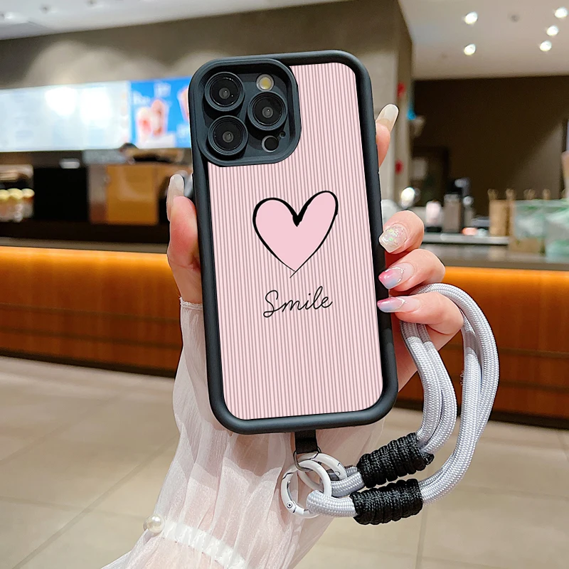 Fashion Smile Pink Love Heart Lanyard Rope Soft Case For Xiaomi Poco X6 X5 F5 F6 M6 Pro Mi 14 13 12 11 Lite 5G 13T 12T Pro Cover