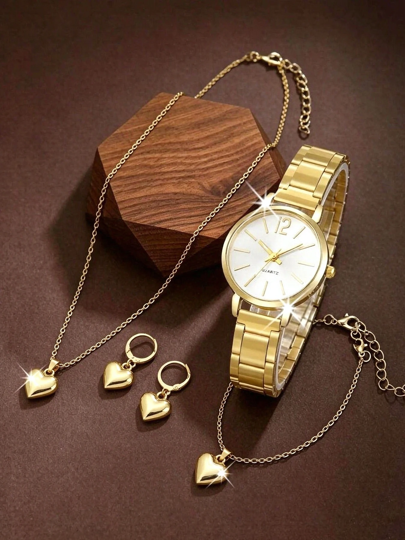 4Pcs Women Gold Watch Jewelry Set Round White Dial Quartz Wristwatch Heart Pendant Necklace Bracelet Earrings Female