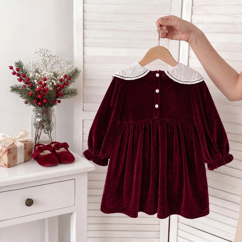 2026 Christmas New Arrival Girl's Wine Red Velvet Dress Baby Petal Neck Long Sleeve Princess Dress