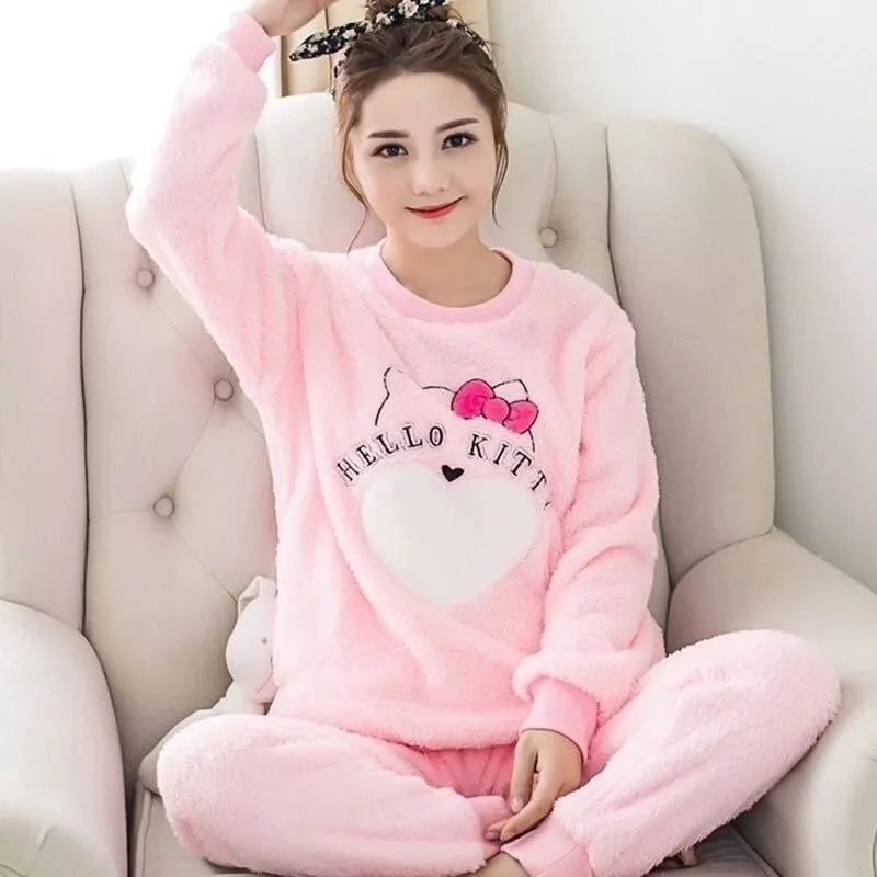 Pajamas Female Winter Coral Velvet Sleepwear Thickened Student Korean Nigthgown Cute Girls Hooded Plush Women Loungewear Set