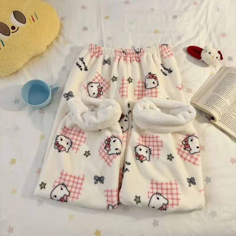 여성용 헬로키티 플란넬 파자마 바지 겨울용 부드러운 보온 라운지웨어 편안한 잠옷 홈웨어 귀여운 만화 커플 선물