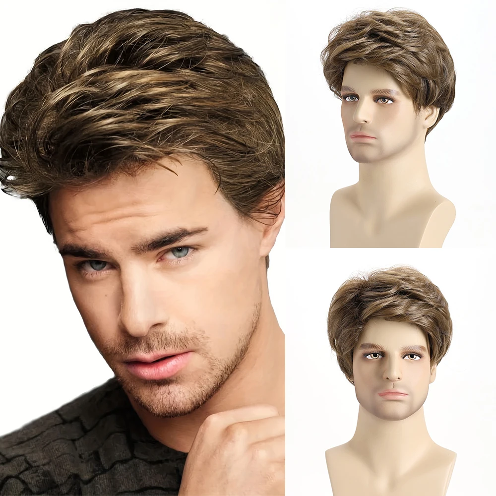 

10 Inch Synthetic Short Curly Mixed Brown Wig For Men Layered Hair Heat Resistant Wigs With Bangs For Daily Use Wedding Ball