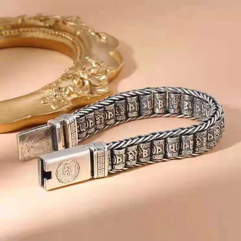 High-level Classic Thai Silver bangles Retro Rotating Beads Six Word True Words  bracelet for Men Jewelry Gifts to Boyfriend