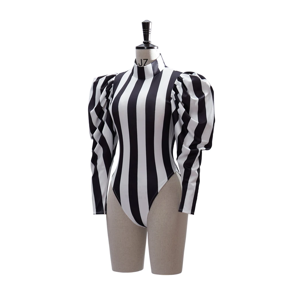 black and white striped dress halloween costume Beetlejuice Costume Black and White Vertical Stripe Swing Dress With Tie, Black / L