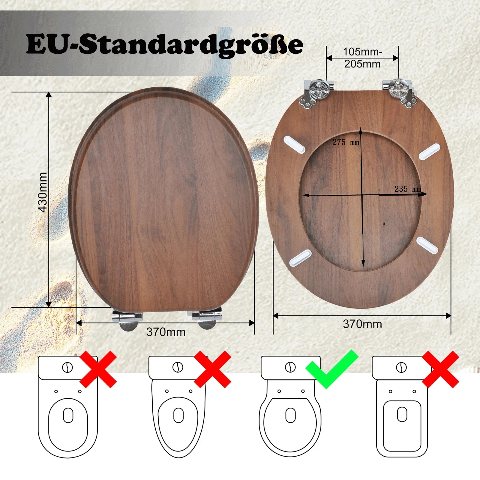 SAINOS WC-Sitz mit Soft-Close-Funktion, WC-Sitz aus Holz, universeller Toilettensitz, langlebiger, stabiler MDF-Toilettensitz, belastbar bis 190 kg, einfache Installation, Zinklegierungsscharnier, antibakteriell und leicht zu reinigen – Detail 5