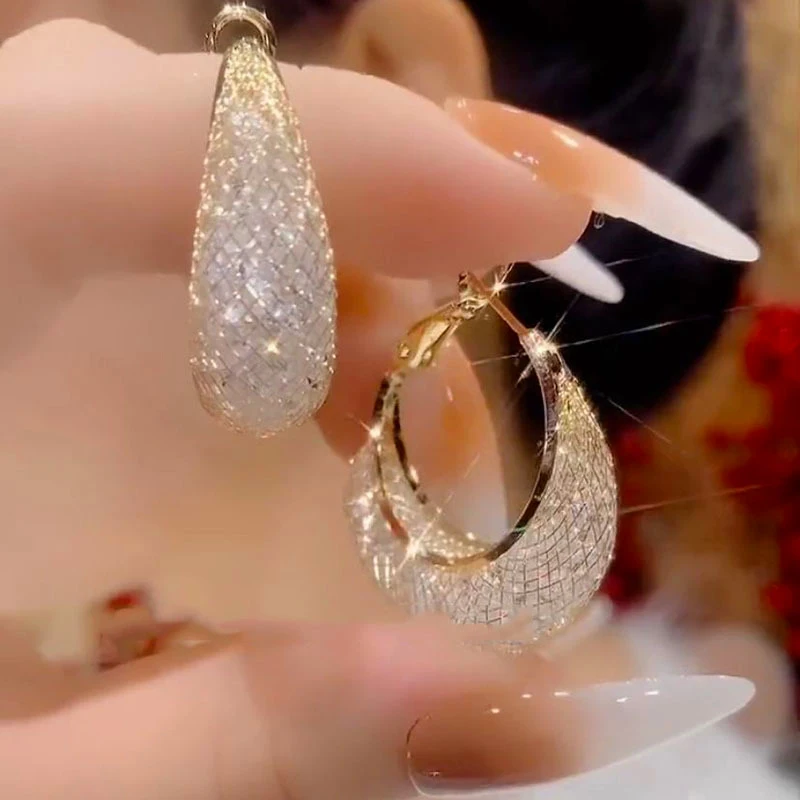 

Exquisite Unique Mesh Zircon Hoop Earrings for Women New Fashion Trend Elegant Temperament Ladies Wedding Party Jewelry Gift