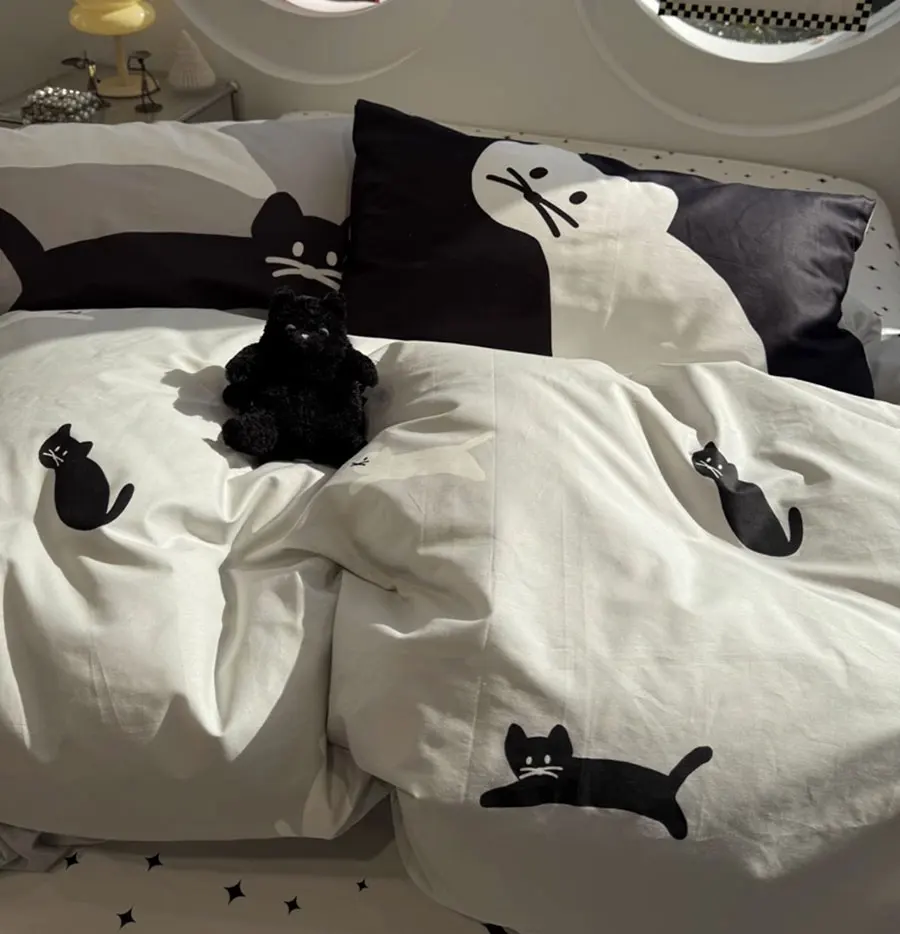 Cute cat star black bed set 1.2 1.5 1.8 2.0 teen,twin full queen king lovely cotton home textile sheet pillow case quilt cover