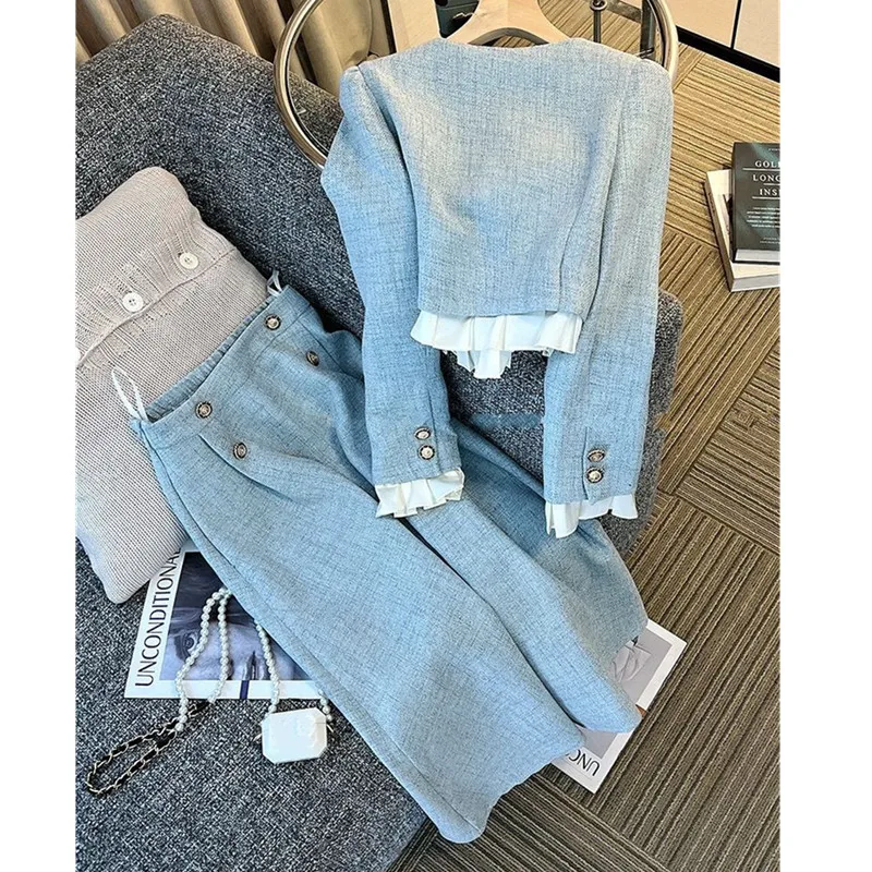 Women's Blue Long Suit Coat Mini Skirts Outfits Korean Spring Autumn New Tweed Short Jacket High Waist Half Skirt Two Piece Sets