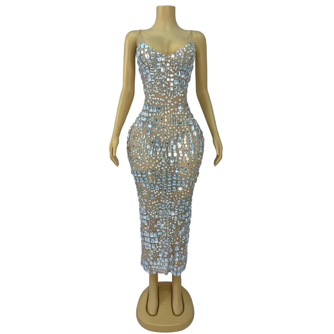 Rhinestones Long Dress Mesh Sexy Women Elegant Evening Party Birthday Dress Prom Stage Festival Drag Queen Costume Fangcun