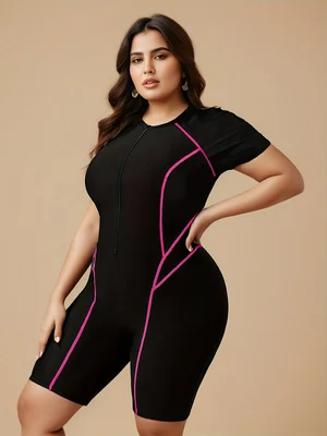 

Plus Size Women's Short Sleeve One Piece Swimsuit Contrast Pink Stitching Zip Front Tummy Control Surfing Bathing Suit