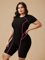 Plus Size Women's Short Sleeve One Piece Swimsuit Contrast Pink Stitching Zip Front Tummy Control Surfing Bathing Suit