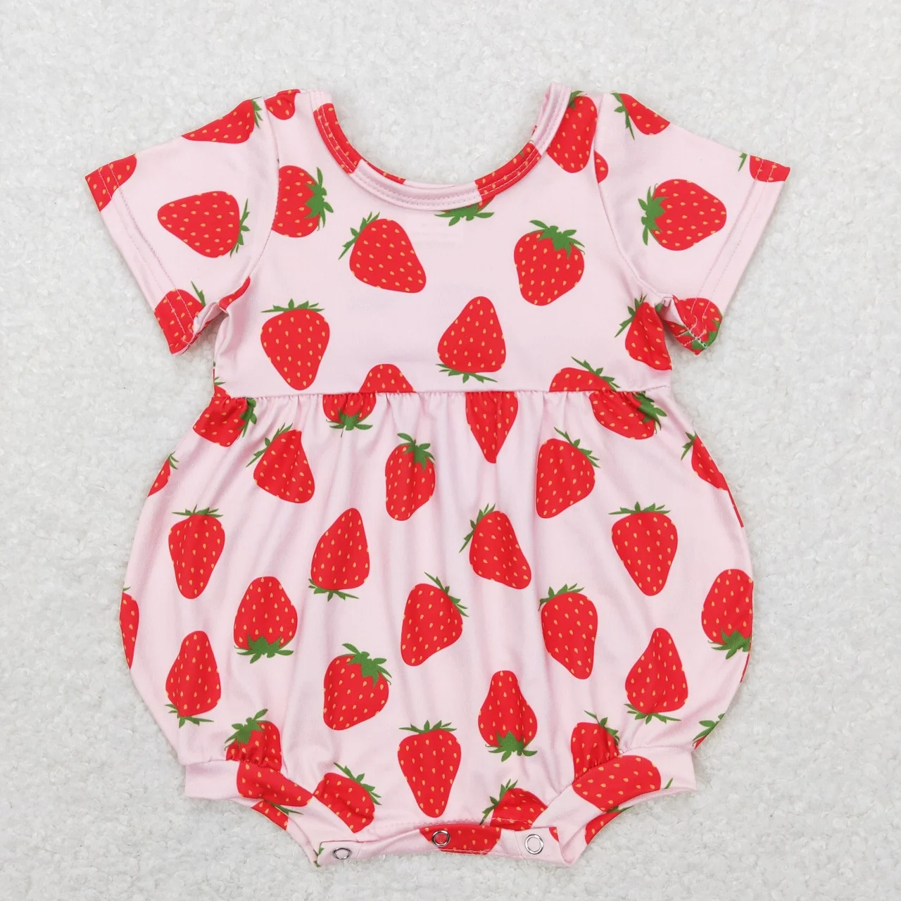 

Wholesale Baby Girl Summer Short Sleeves Buttons Bubble Jumpsuit Kids Toddler Pink One-piece Newborn Strawberry Romper