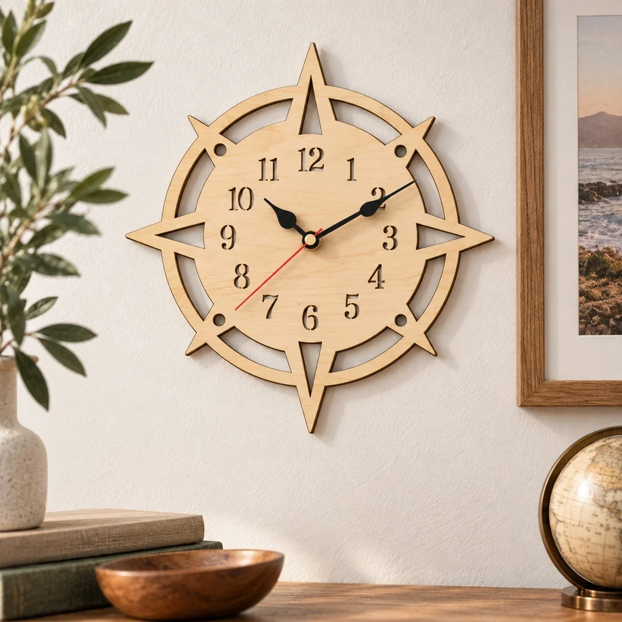 Wooden Compass Wall Clock, Nautical Coastal Home Decor, Laser Cut Wood Clock, Rustic Beach House Clock, Unique Housewarming Gift