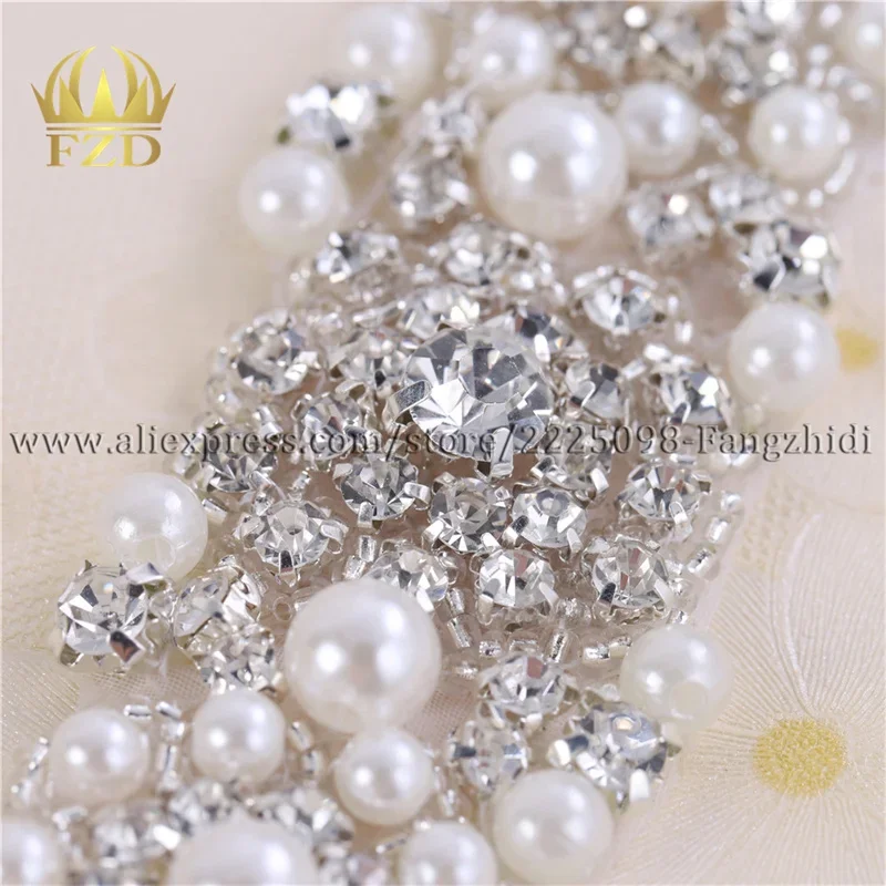 FZD 1 Yard Rhinestones Crystal Dress Applique Silver Beaded Trim for Wedding Dress Rhinestone and Pearl Applique By The Yard DIY