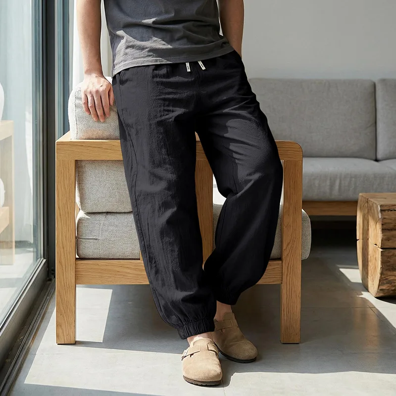 Europäische und amerikanische Freizeithose für Herren: Sommerliche Strand-Leinenhose in Übergröße mit Bündchen am Knöchel – Detail 24