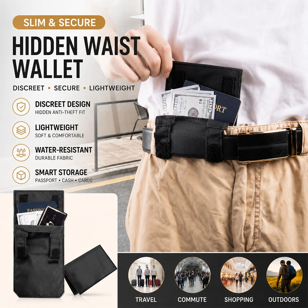 Conceal Anti-Theft Wallet Belt Bag RFID Blocking Wallet Travel Pouch Simple Small Coin Pouch for Credit Card ID Cash Passport