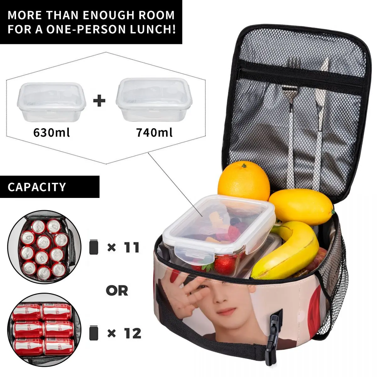 Cha EunWoo Lunch Bag Vintage Lunch Box School Portable Zipper Thermal Lunch Bags For Adult Oxford Print Cooler Bag