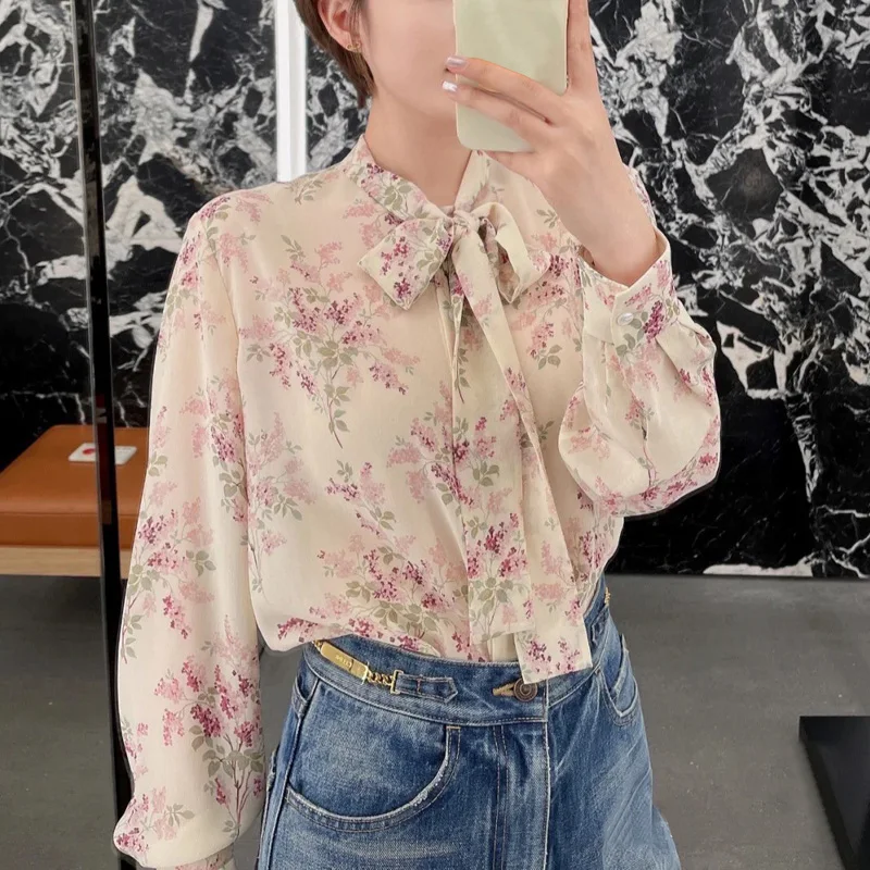 

New slimming long sleeved ribbon printed temperament silk shirt floral top for women