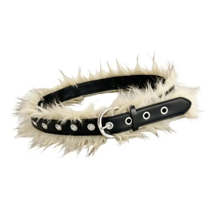 31BB Wide Fuzzy Waist Belt with Plush Trim and Flexible Eyelet Hold for Daily Outfits and Skirt Styling with Layers