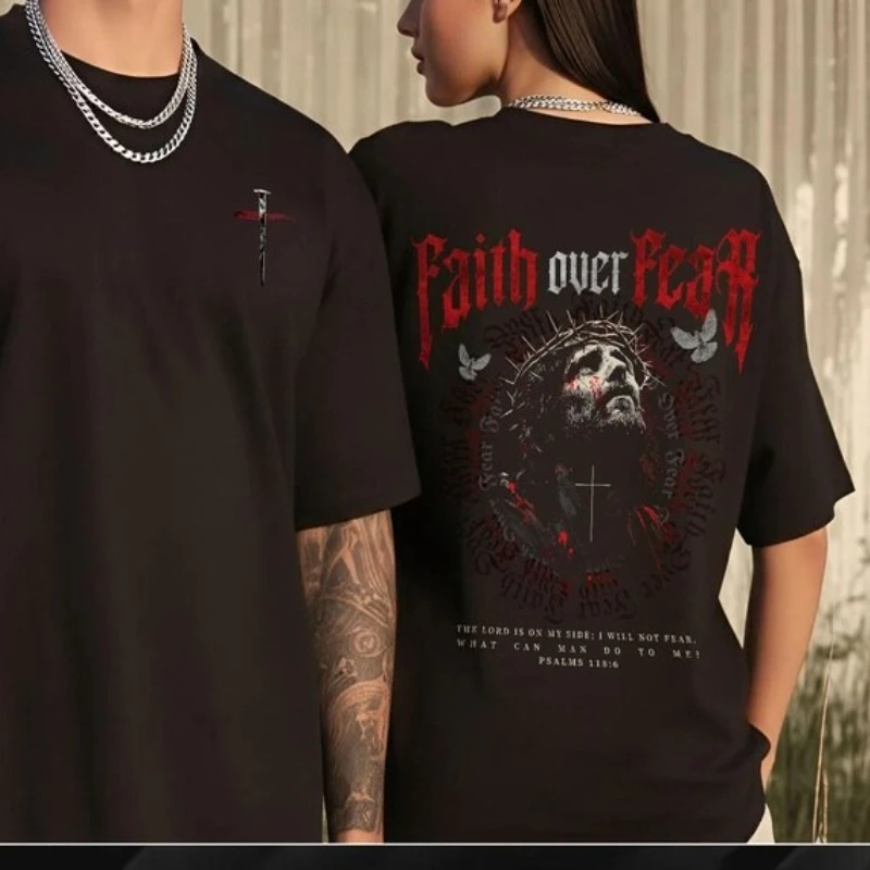 Faith Over Fear Jesus Tshirt Cross Christian for Men Religious for Women Catholic Collection Printed T-shirt Graphic T Shirts