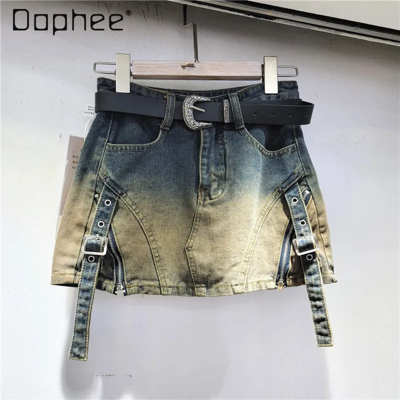 Gradient Denim Skirt Women Vintage Y2k High Waist A Line Bandage Wrap Mini Skirt Zipper Street Summer Female Trend Blue Black