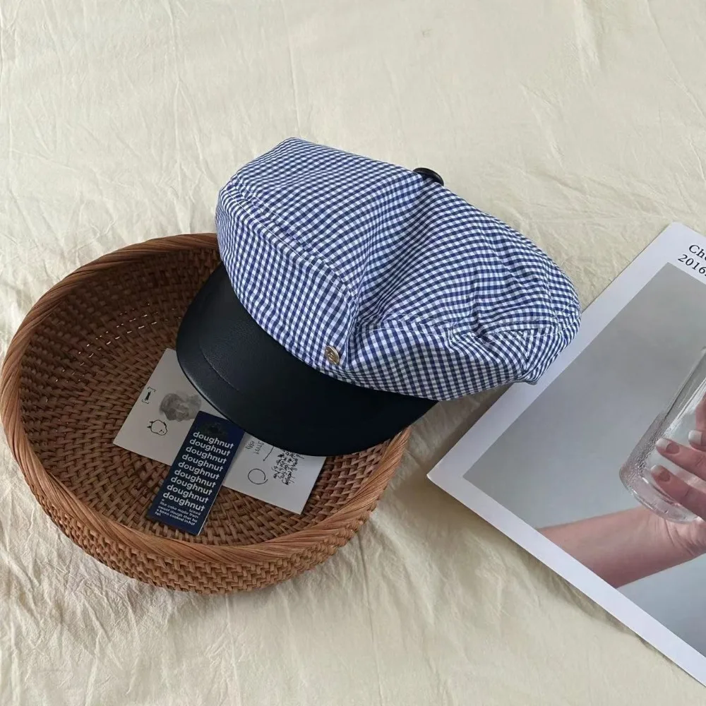 

Fashion Blue Plaid Beret Flat Top Designer Sailor Hat Korean JK Navy Cap Outdoor