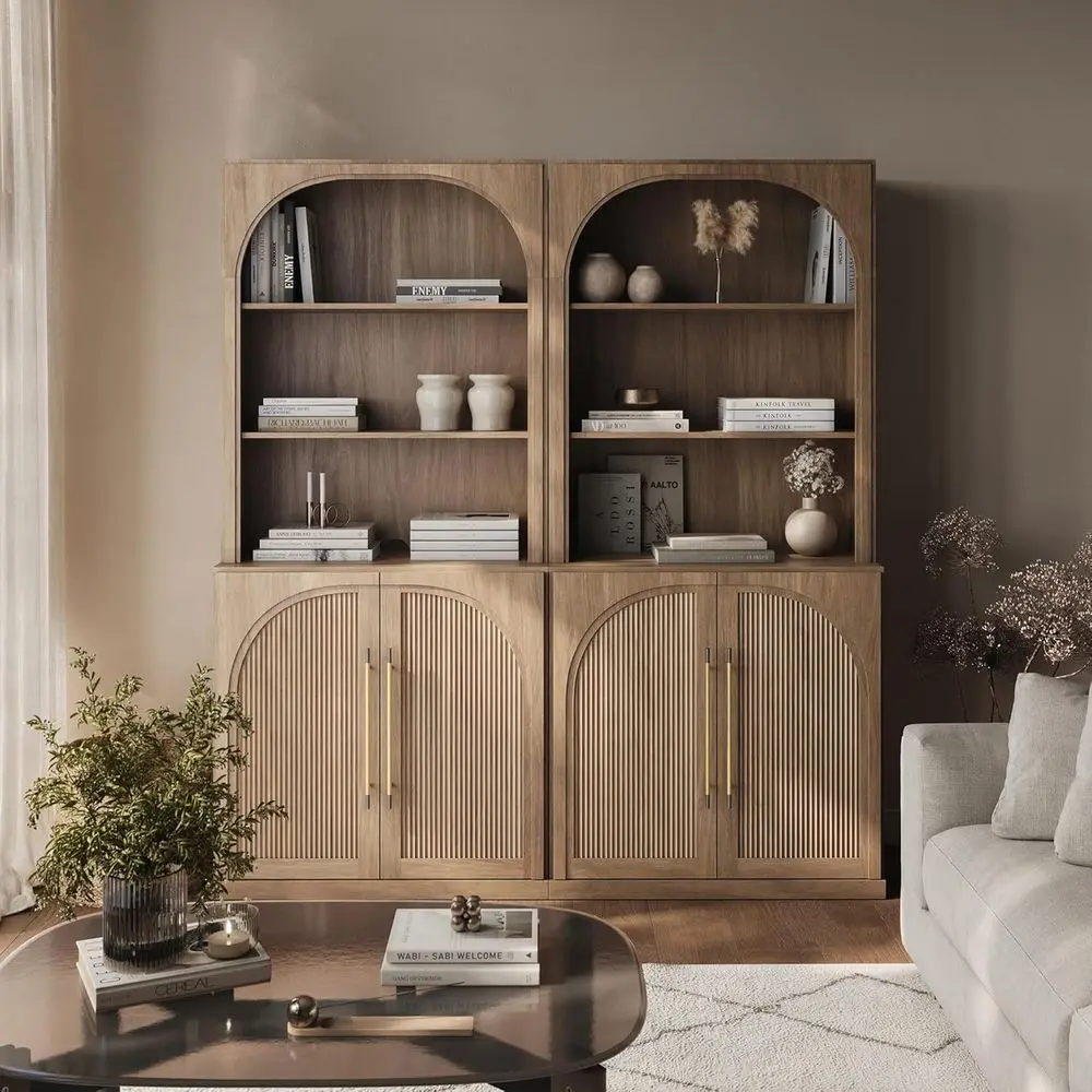 

72 Tall Wooden Sideboard with 3-Tier Shelves, Curved Door Cabinet for Home Office & Living Spaces