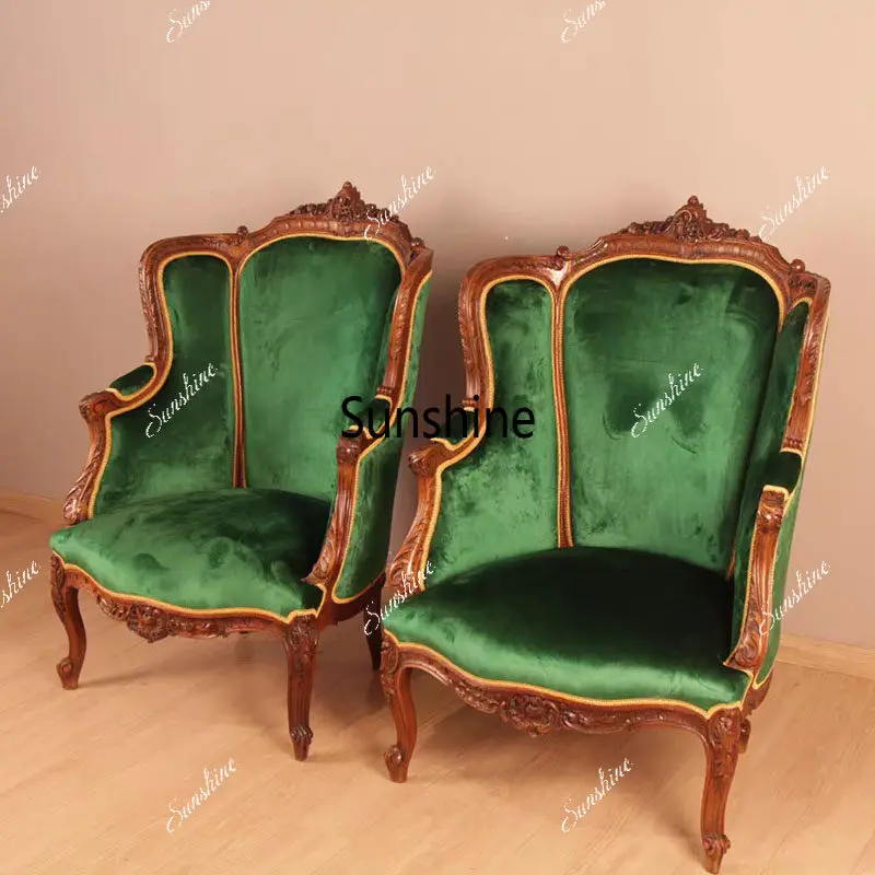French retro solid wood carving flower single sofa chair villa living room backrest casual