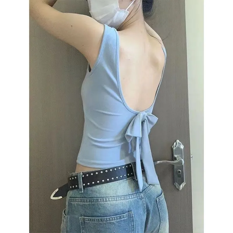 Women's Summer Corset Camisole Spaghetti Strap Light Blue Tank Top Back Bow Built-in Bra Vest Crop Slim Fit Ribbed Hem Camisole