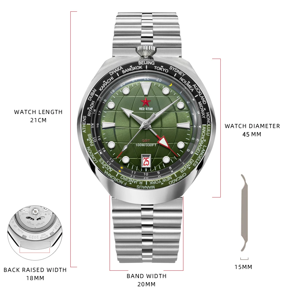 Red Star 42mm Bull Head GMT Mechanical Watches Waterproof 100m Diver NH34 Automatic Movement Calendar Watches For Men Luminous