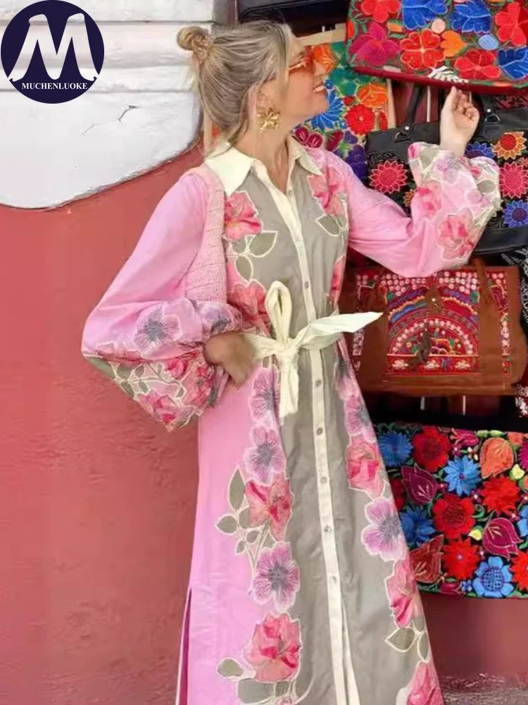 Elegantes Bedrucktes Damenkleid Langarm Revers Schnürung Lässig Locker Modisch Sommer Neu
