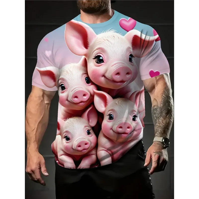 Men Cute Baby Pig 3D Print T‑Shirt Lovely Pink Piglet With Hearts Graphic Short Sleeve Tee Casual Crewneck Streetwear Funny