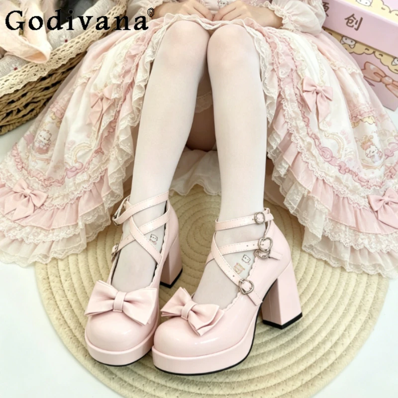 

Japanese Original Sweet Girl Lolita High Heels Round Head Thick Heel Versatile Cute Doll Bow Mary Jane Single Shoes