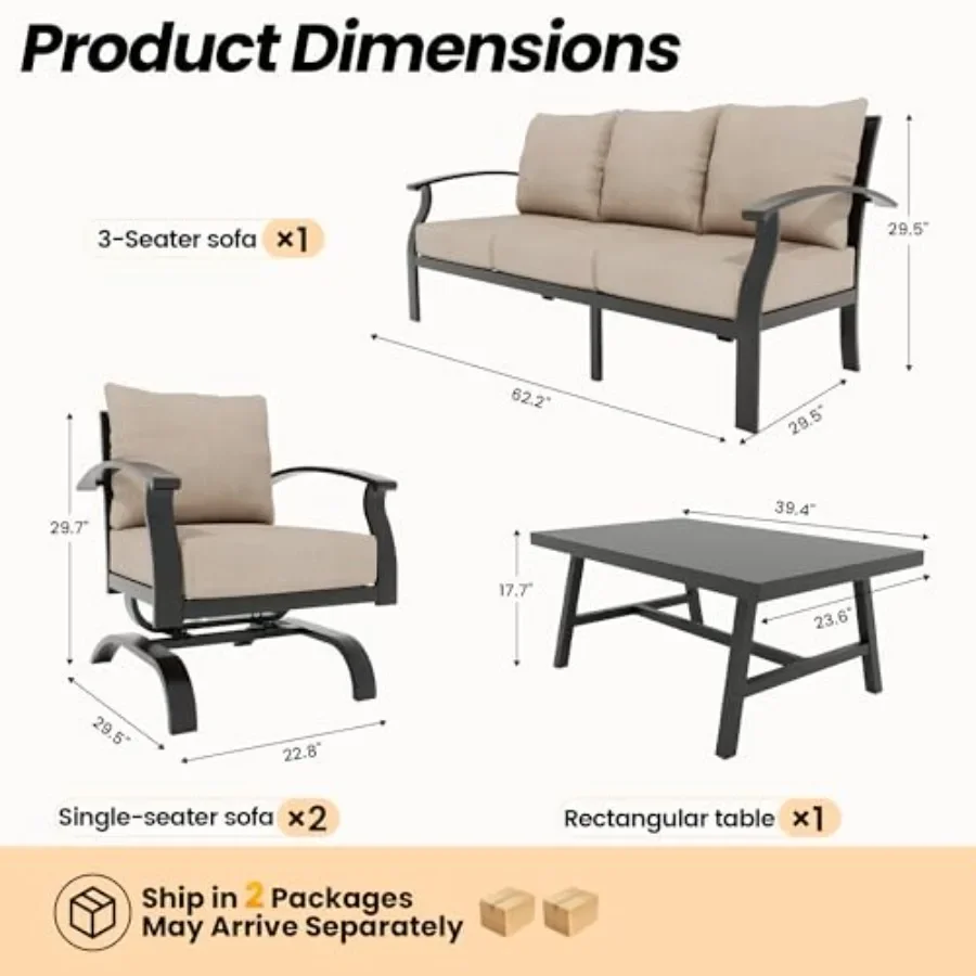 Outdoor patio furniture set for porch, balcony, deck, yard: metal frame sectional sofa with coffee table, 4 pcs, washable cushi