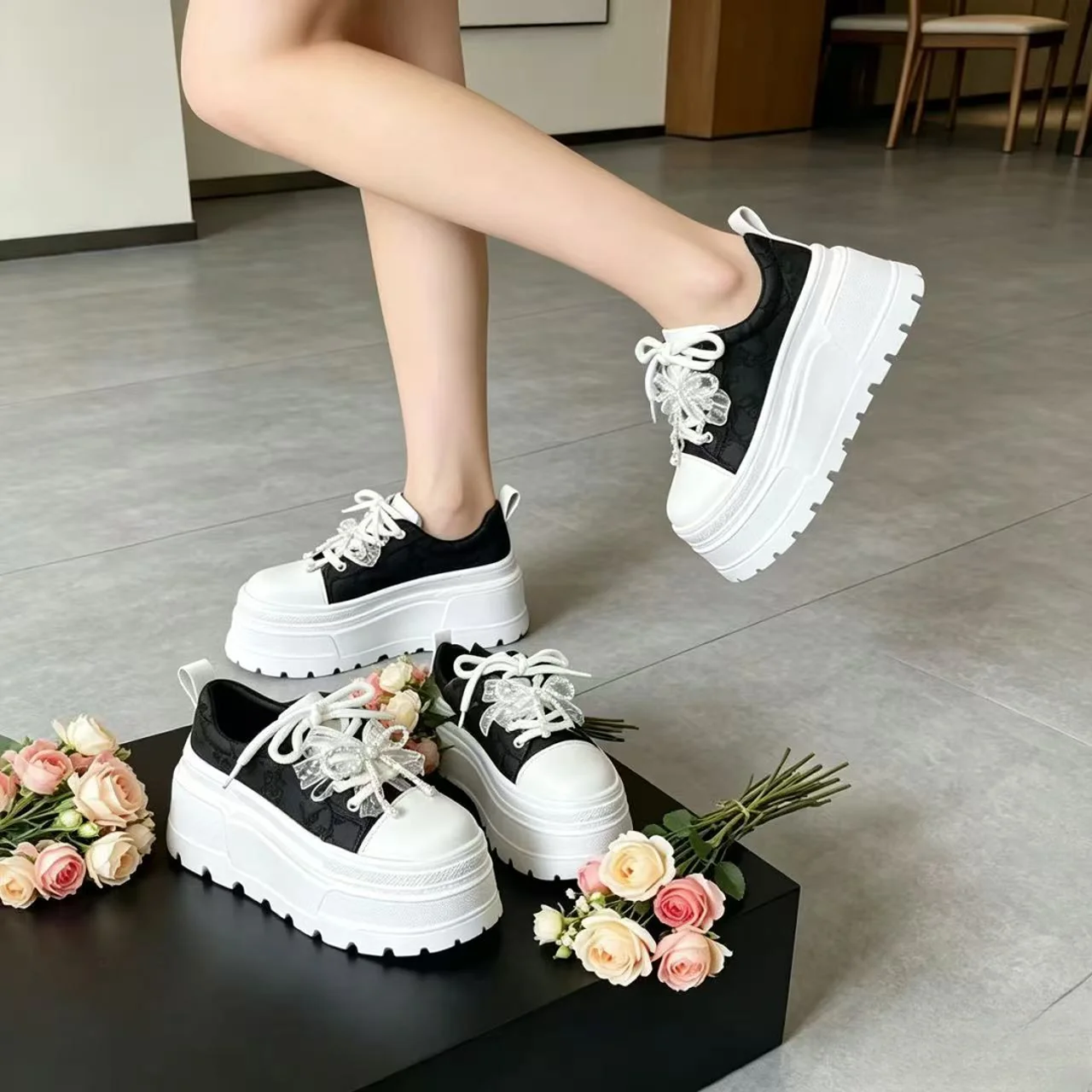 Women's Thick-Heeled Classic White Sneakers Spring/Autumn New Style Single Shoes Match Skirts Versatile Casual Board Shoes