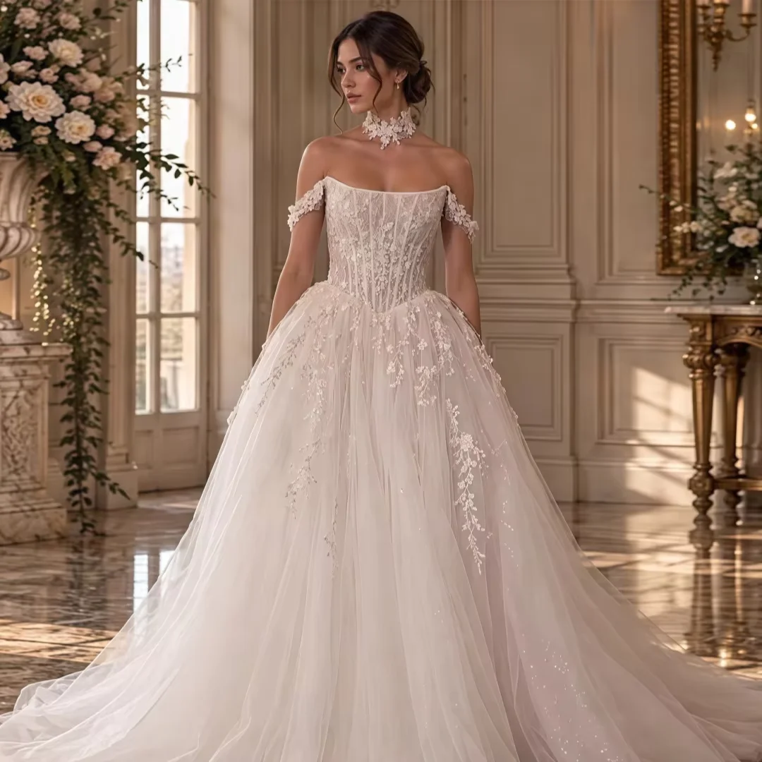 Customized Lace Applique Wedding Dresses Elegant Sweetheart Off The Shoulder For Women Charming Bridal Gowns Vestidos De Novia