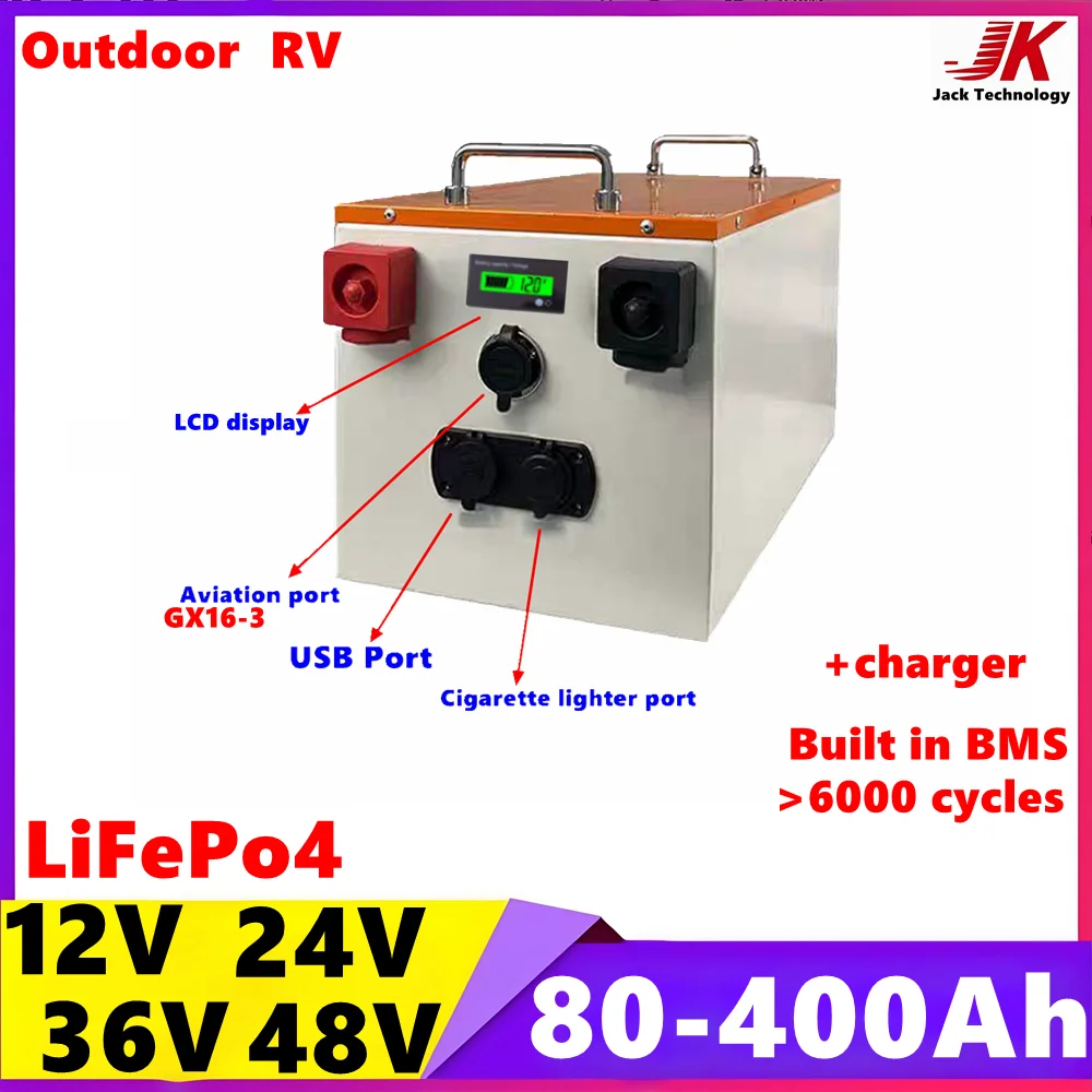 

JK 12V 24V 36V 48V 80Ah 100Ah 150Ah 200Ah 400Ah Lifepo4 battery BMS inside for trolling motor boat.RV Outdoor Camping+Charger