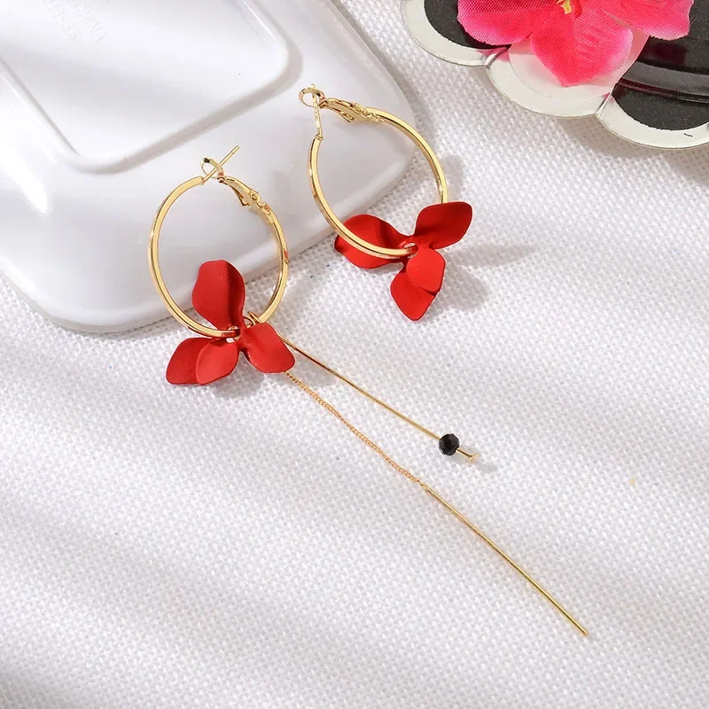 Fashion Flower Women Dangle Earrings Golden Big Circle Three Color Spray Paint Asymmetrical   Drops  Gift